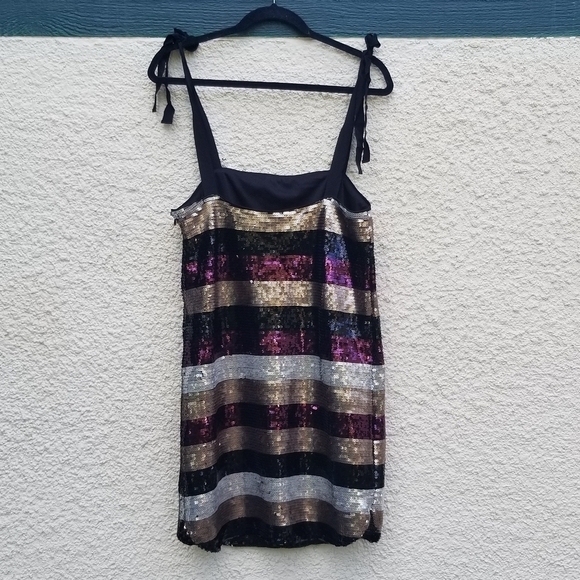 Ali & Jay striped sequin mini dress black gold silver purple medium - Picture 2 of 7